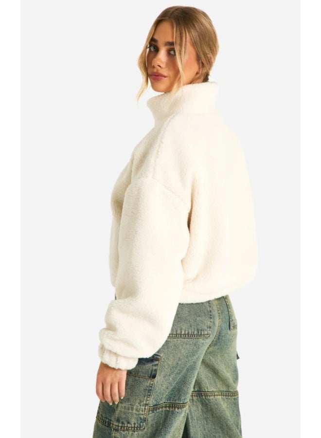 جاكيت تيدي للنساء، فرو صناعي ابيض كريمي، طول قصير، رقبة عالية، ملابس خارجية كاجوال شتوية - Image 4